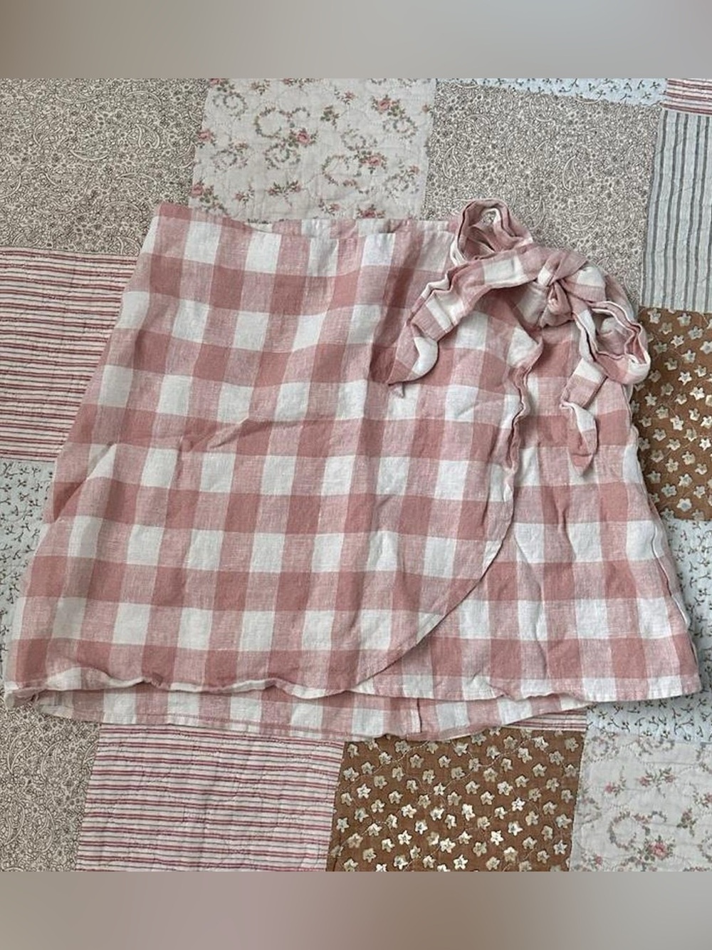 Reformation soft pink & white checkered linen wrap mini-skirt